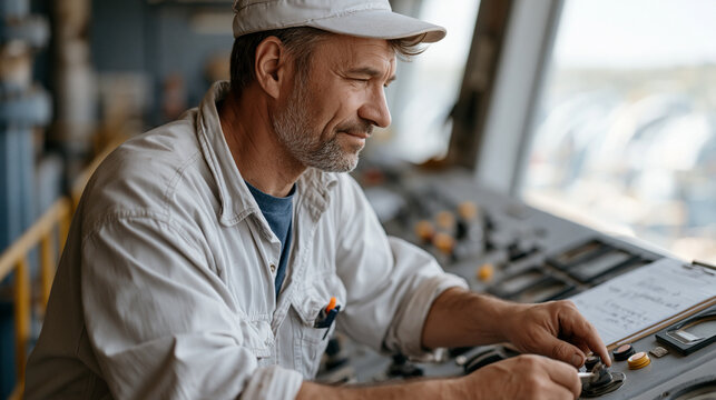 Fossil fuel phase-out decommissioning moment at a natural gas peaker plant, a final shift worker turns a key on the main control console, a handwritten log showing the last