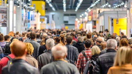 Obraz premium Visitors Flowing Through Exhibition Hall Aisle Filled with Activity