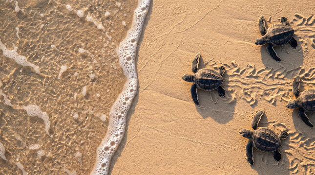 Conceptual business metaphor of leadership and first steps featuring little sea turtles crawling towards clear ocean wave on golden sand beach target achievement motivation strategy survival 