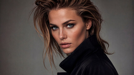 Fototapeta premium High-end AI-generated fashion portrait of a confident young woman with striking blue eyes, natural makeup, and tousled hair. Studio lighting highlights her expressive gaze, flawless skin, and modern b