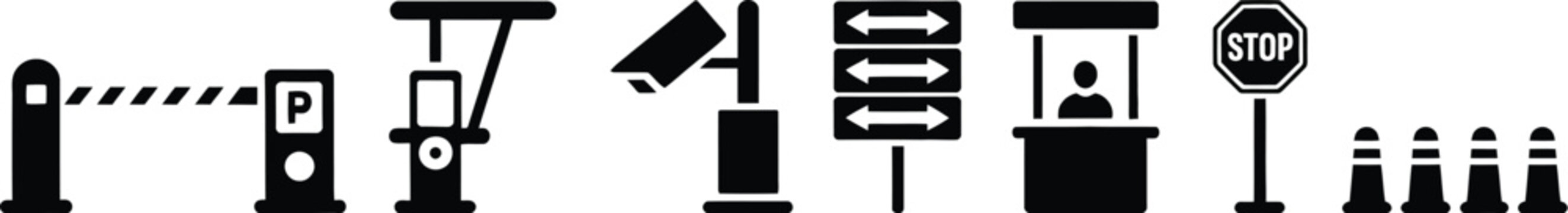 Road infrastructure icons set, generic toll booth security gate CCTV camera payment terminal and traffic control design.