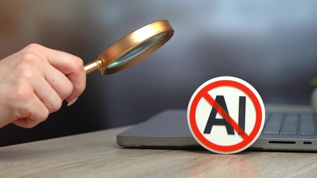 A woman examines the ban on the use of AI. Restrictions on access to AI in education. Academic control, technology regulation and limits on digital learning assistance.