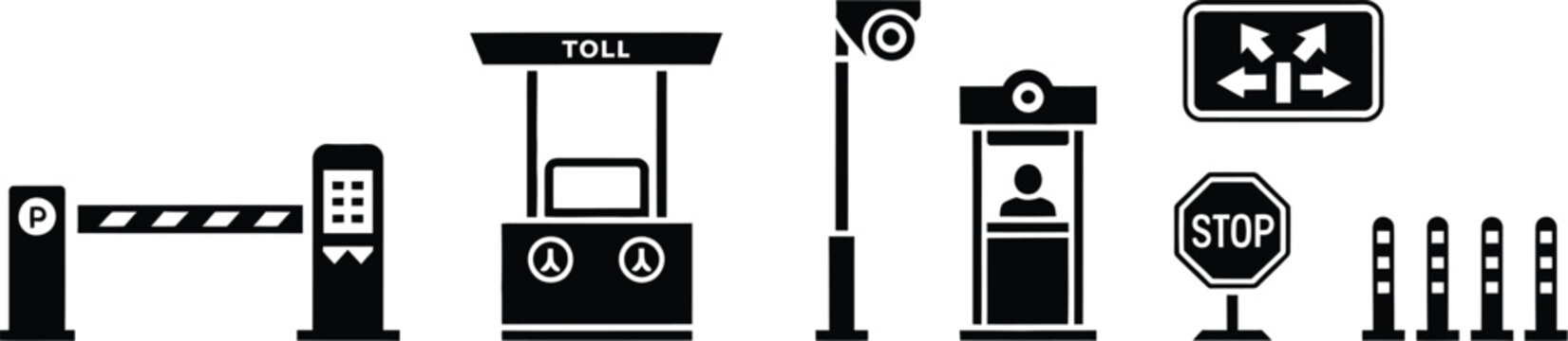 Road infrastructure icons illustration set, generic toll booth security gate CCTV camera and traffic control symbols.