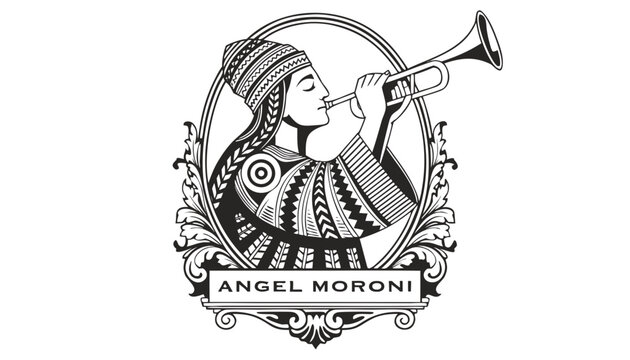 Very beautiful black-and-white engraved vector illustration featuring the ANGEL MORONI in a respectful historical style with a decorative cultural label reading "ANGEL MORONI", rendered in refined mon