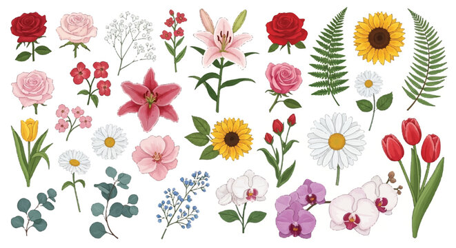 A vibrant assortment of watercolor wildflowers and blossoms.