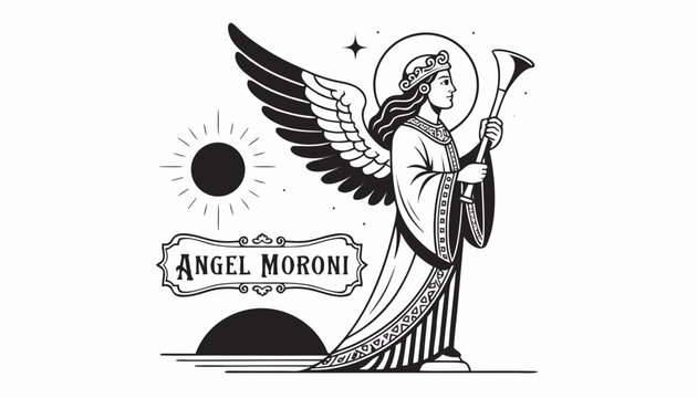Very beautiful black-and-white engraved vector illustration featuring the ANGEL MORONI in a respectful historical style with a decorative cultural label reading "ANGEL MORONI", rendered in refined mon