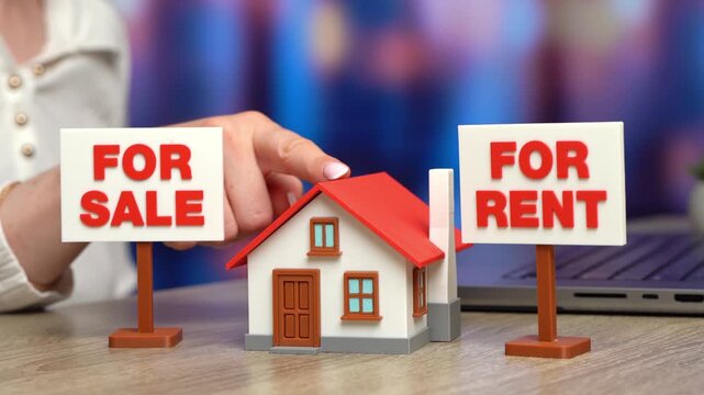 Buy or rent a house. Sell the house or rent it out for regular income. Property decision concept shows investment strategy, housing market choice, and income planning