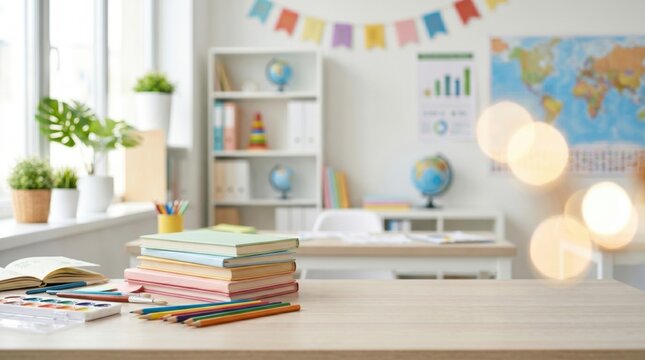 Stack of colorful books with pencils and paints on wooden desk in bright empty classroom background back to school elementary education study creative development and childhood concept