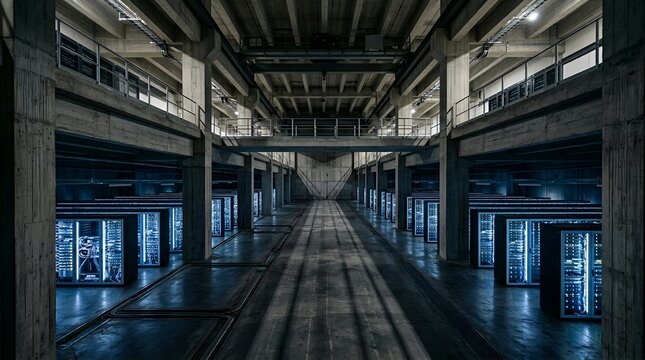 Interior of vast brutalist concrete server room with glowing data racks