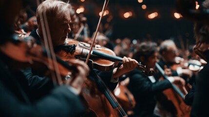 Fototapeta premium Violinists and musicians create music together in a concert hall. The lighting enhances the dramatic atmosphere as they perform without guidance.