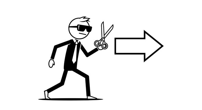 Stick Man in Suit Cutting Arrow with Scissors, Cost Reduction Concept, isolated white background.