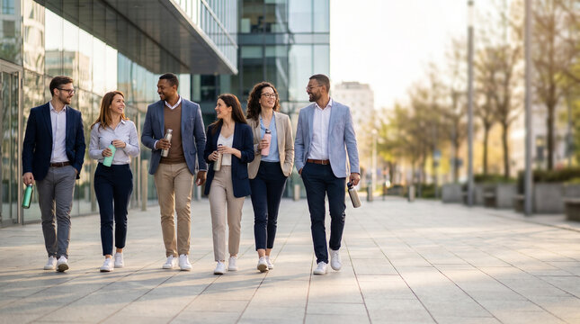 Group of happy diverse business people walking together outside modern glass office building, holding water bottles, talking and smiling, corporate team horizontal banner view