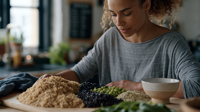 Nutrition student arranges quinoa, black beans, edamame, hemp seeds and leafy greens into precise visual wheel chart on large cutting board, amino acid reference poster taped to