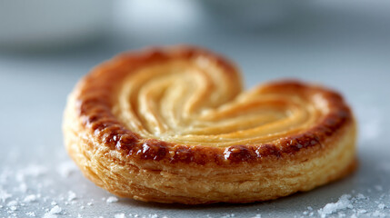 Fototapeta premium Heart-shaped palmier pastry with caramelized crust and perfectly defined crisp layers, clean neutral background, defocused studio surface, palmier product photography, French puff