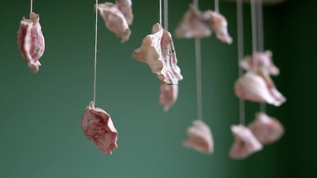 Ethereal handmade organic shapes suspended on threads against a soft green background, creating a delicate artistic decoration.