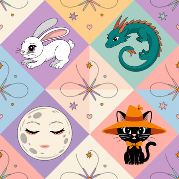Seamless Pattern with Cute Animals, Moon, and Stars on Colorful Geometric Background