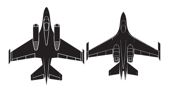 Detailed fighter jet technical drawing silhouettes top view for aerospace engineering and design.