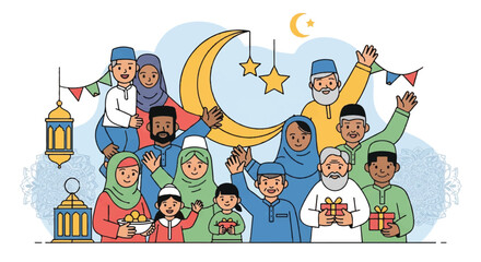 Naklejka premium Diverse group celebrating a cultural and religious festival under moon and stars with lanterns and festive foods.