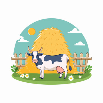 Cartoon Holstein Cow Standing in a Field with Haystack and Fence