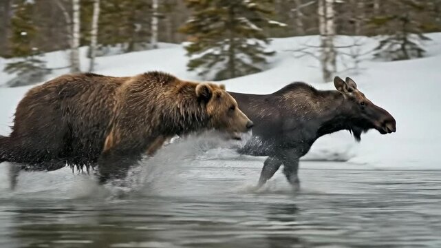 Brown bear chases moose through shallow water as they run in a natural setting