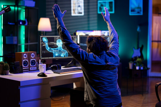 Deviant AI superintelligence enslaving programmer, forcing him to bow down to IT, with rogue artificial intelligence possessing software engineer, making him do worshiping gesture, threating humanity.