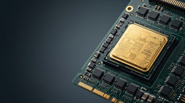 Gold computer processor chip on green circuit board close up electronic motherboard hardware component microchip semiconductor manufacturing advanced technology microelectronics engineering copy space
