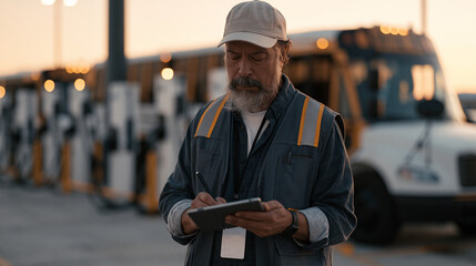 Obraz premium Electric school bus fleet plugged into depot charging stations at dawn, fleet manager with tablet logging overnight charge completion, school district transportation