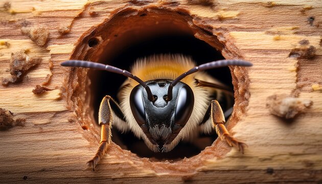 macro photograph of a carpenter bee hidden in a hole