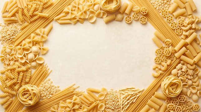 Assorted golden pasta shapes arranged in decorative frame on white textured background