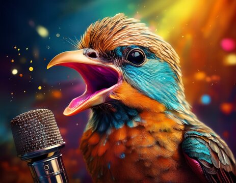 generative ai of a bird singing into a retro microphone music festival or contest concept