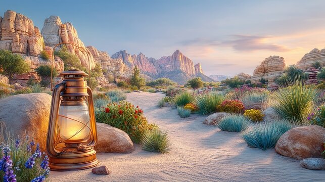 Vintage lantern glowing in desert landscape with rocky mountain background