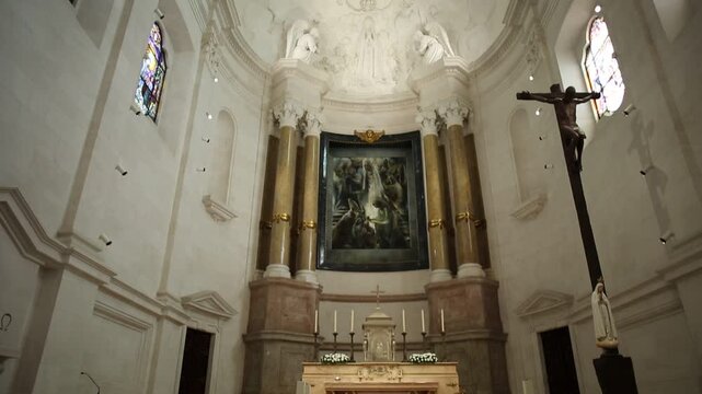 Fatima, Portugal - August 15, 2017: altar inside Basilica of Our Lady of Fatima, one of most important shrines dedicated to Virgin Mary and biggest pilgrimage Site in Portugal
