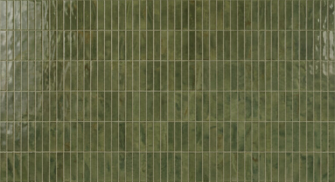 Elegant olive green ceramic tile wall background with glossy finish and modern vertical rectangular patterns for interior design decoration.