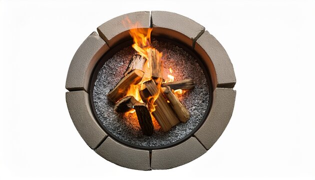 top view of stone fire pit with burning wood logs and flames white background