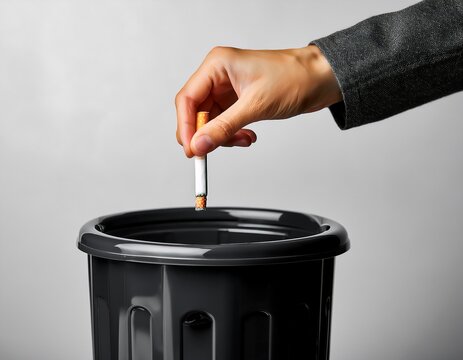 youthful hand dropping a cigarette into a black trash bin with a soft gray background highlighting the action and emphasizing the focus on the hand and the discarded item
