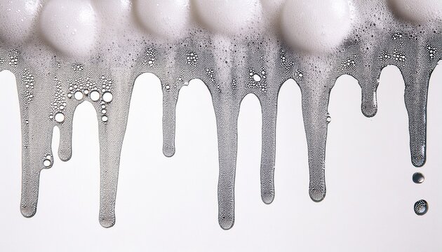 vertical streams of white soap foam with tiny bubbles dripping texture on white background ideal for hygiene skincare product packaging and cleaning concept design visuals