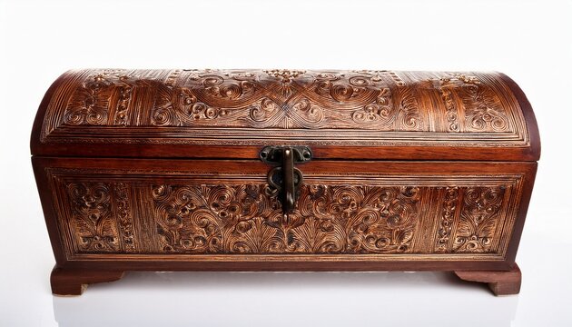 hand carved balkan wooden dowry chest with white background