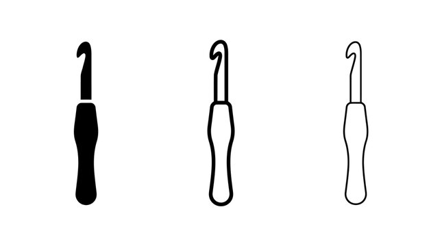 Simple crochet hooks in silhouette, outline, and minimalist styles on white background