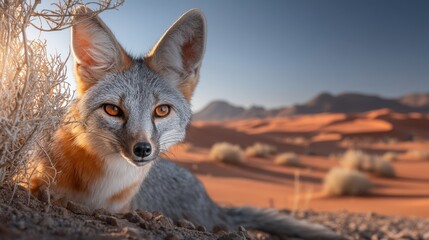 Obraz premium Desert Fox Partially Hidden Behind Dry Shrubs in the Desert Landscape