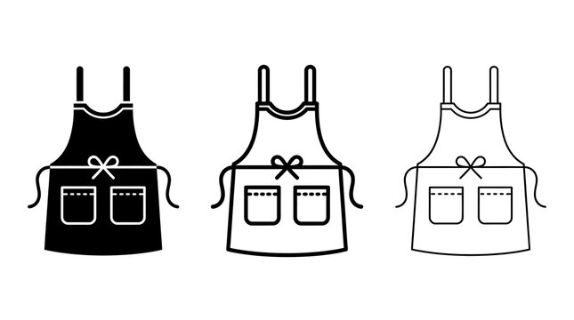 Set of apron icons in black, outline, and minimalist styles