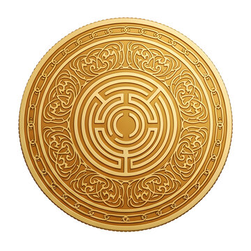 Ornate gold coin with maze and decorative pattern
