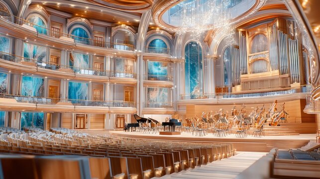 Elegant concert hall interior with grand piano and string orchestra setup