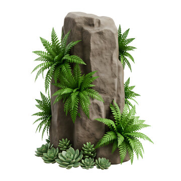 Rock with green ferns and succulents on white background