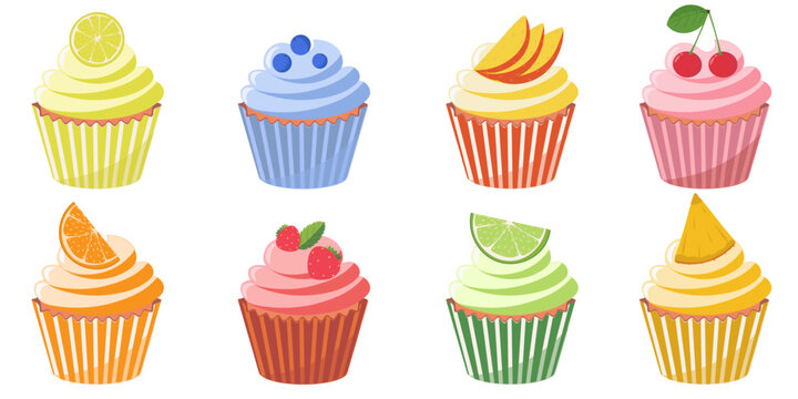 Fruit cupcakes set with berries and tropical fruits, summer dessert collection, vector illustration