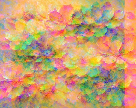 Abstract multi-colored floral pattern with layered watercolor texture. Vibrant composition of translucent yellow, pink, green, and blue flower shapes blending together.