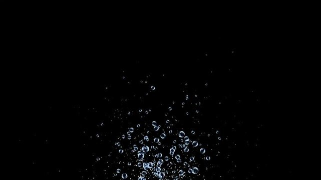 Realistic abstract water and soap bubbles animation, glossy transparent bubble texture floating upward, isolated black backdrop, colorful highlights, seamless compositing loop