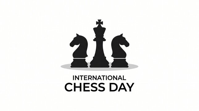 International Chess Day banner, black king and knight silhouettes, minimalist chess game competition graphic