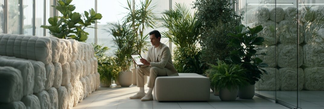 Ecoconscious textile lab scene with a sustainability manager reviewing data on a tablet next to cotton bales and glass walls surrounded by natural light and lush potted plants in a