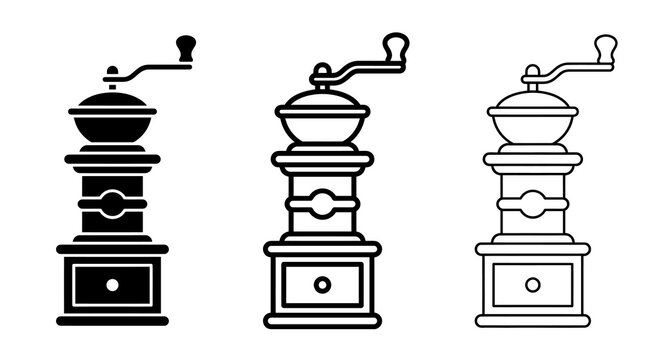 Vintage coffee grinder silhouette and outline set on white background