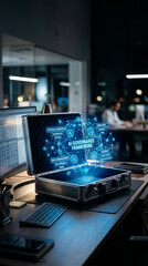Fototapeta premium Ai governance framework trustworthy hologram technology office laptop ai governance framework with trustworthy hologram beside office workstation